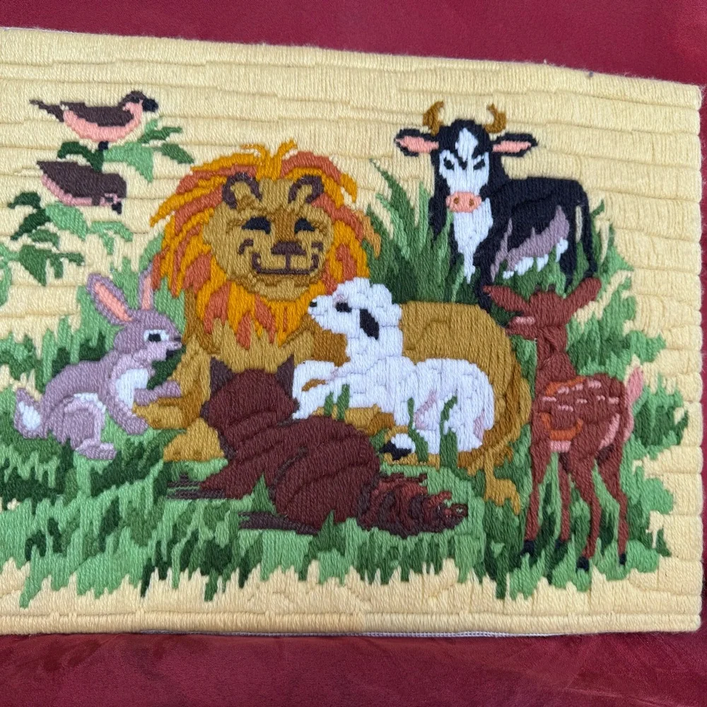 Vintage Yellow and Green Embroidered Nursery Cute Animals Lion Bunny Deer